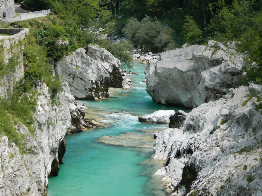 Eaux turquoise de la Soča entre les rochers de la vallée de Trenta